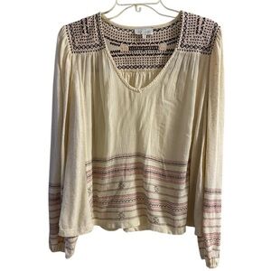 Lucky Brand gauzy peasant v neck blouse cream embroidered linen blend Medium